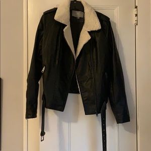 Shearling Trimmed Moto Jacket Faux Leather